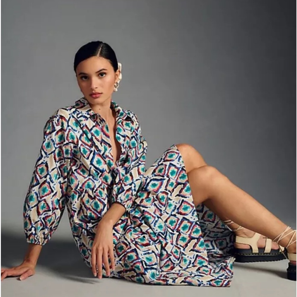 Anthropologie The Bettina Tiered Maxi Midi Shirt Dress Beige Multi Combo